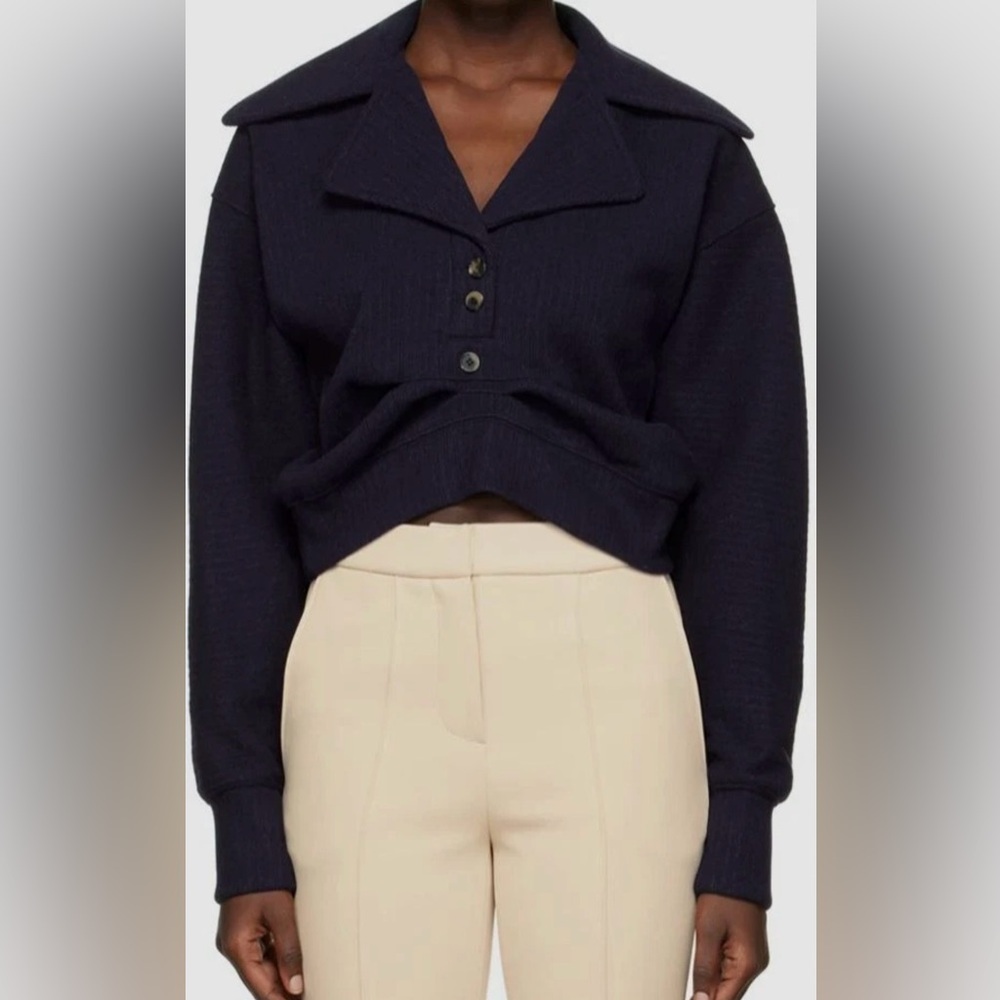 GUC Recto- Blue Double Knit Gathered Jersey Polo Shirt Top. Size XS